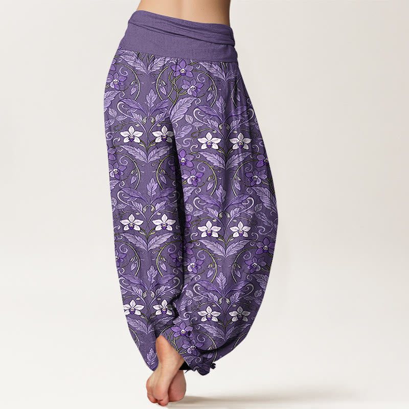 Buddha Stones Cotton Star Shaped Flowers Leaves Pattern Women's Elastic Waist Harem Pants - image 12