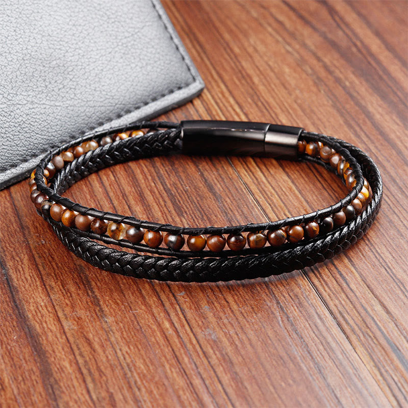 Buddha Stones Tiger Eye Titanium Steel Protection Strengthen Leather Bracelet - image 1