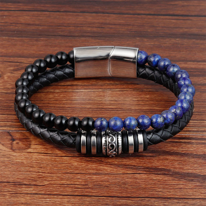 Buddha Stones Black Onyx Lazurite Titanium Steel Fortune Calm Leather Bracelet - Black Onyx Lazurite(Wrist Circumference: 18-19cm) - image 0