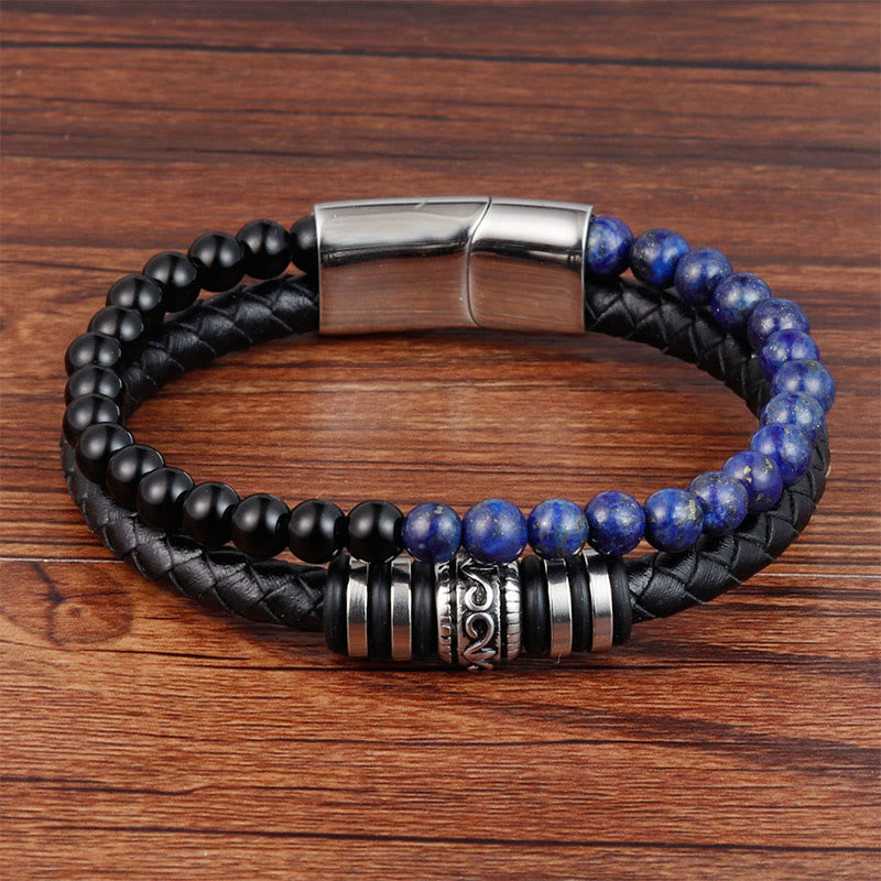 Buddha Stones Black Onyx Lazurite Lapis Lazuli Titanium Steel Fortune Calm Leather Bracelet - Black Onyx Lazurite(Wrist Circumference: 18-19cm) - image 0