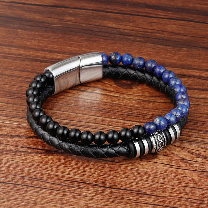 Buddha Stones Black Onyx Lazurite Lapis Lazuli Titanium Steel Fortune Calm Leather Bracelet - image 1