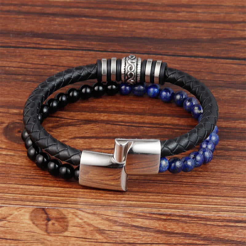 Buddha Stones Black Onyx Lazurite Lapis Lazuli Titanium Steel Fortune Calm Leather Bracelet - image 2
