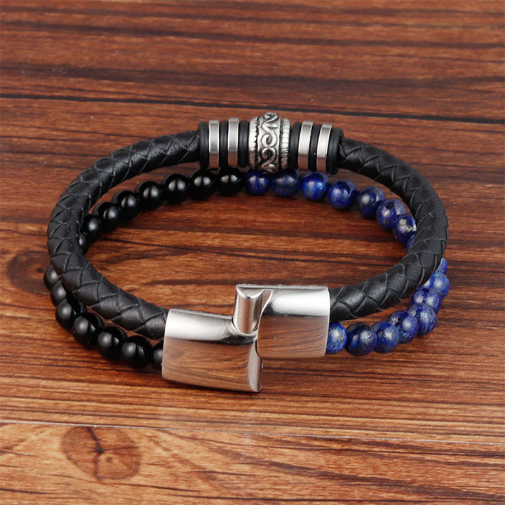 Buddha Stones Black Onyx Lazurite Lapis Lazuli Titanium Steel Fortune Calm Leather Bracelet - image 2