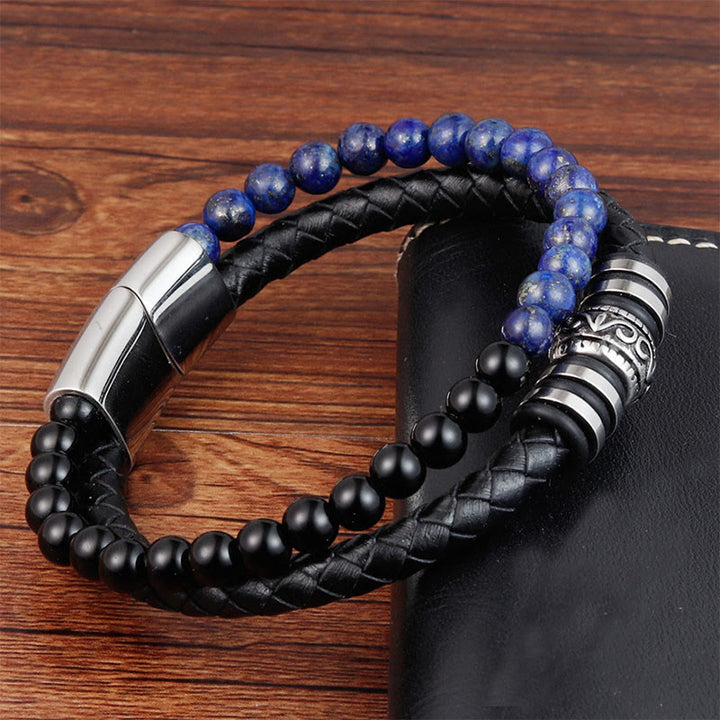 Buddha Stones Black Onyx Lazurite Titanium Steel Fortune Calm Leather Bracelet - image 3