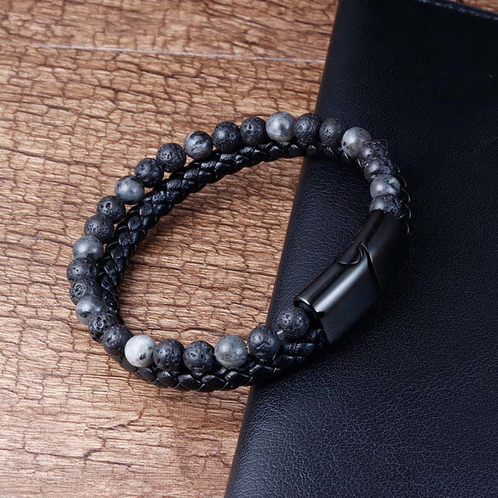 Buddha Stones Lava Rock Titanium Steel Calm Leather Bracelet - image 2