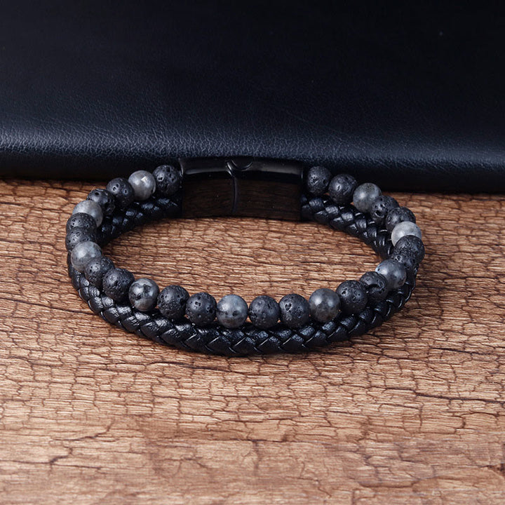 Buddha Stones Lava Rock Titanium Steel Calm Leather Bracelet - image 3
