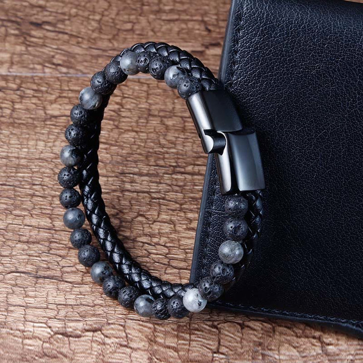Buddha Stones Lava Rock Titanium Steel Calm Leather Bracelet - image 4