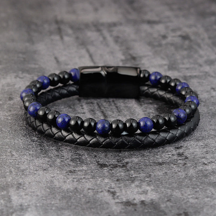 Buddha Stones Black Onyx Lazurite Lapis Lazuli Titanium Steel Positive Self Care Leather Bracelet - image 1