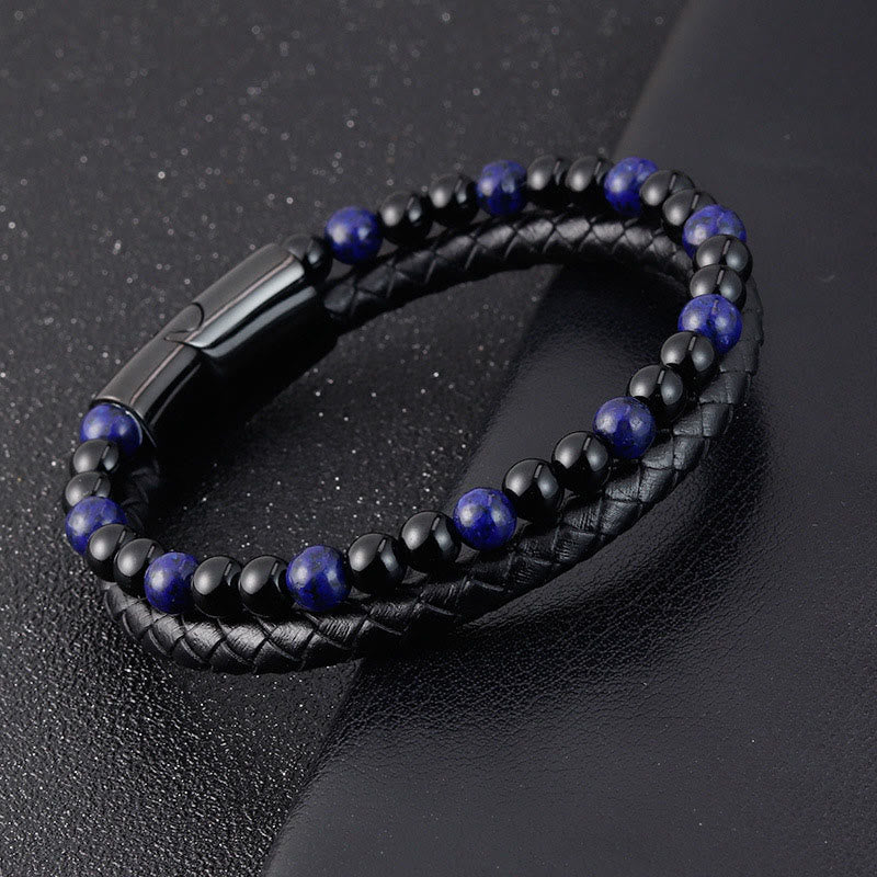 Buddha Stones Black Onyx Lazurite Lapis Lazuli Titanium Steel Positive Self Care Leather Bracelet - image 4