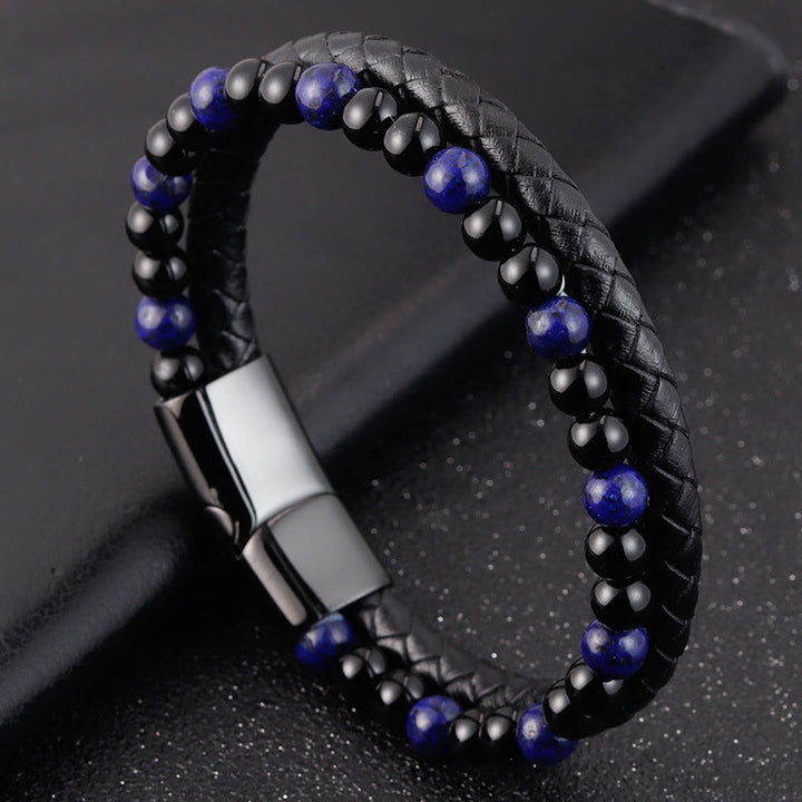 Buddha Stones Black Onyx Lazurite Lapis Lazuli Titanium Steel Positive Self Care Leather Bracelet - image 9