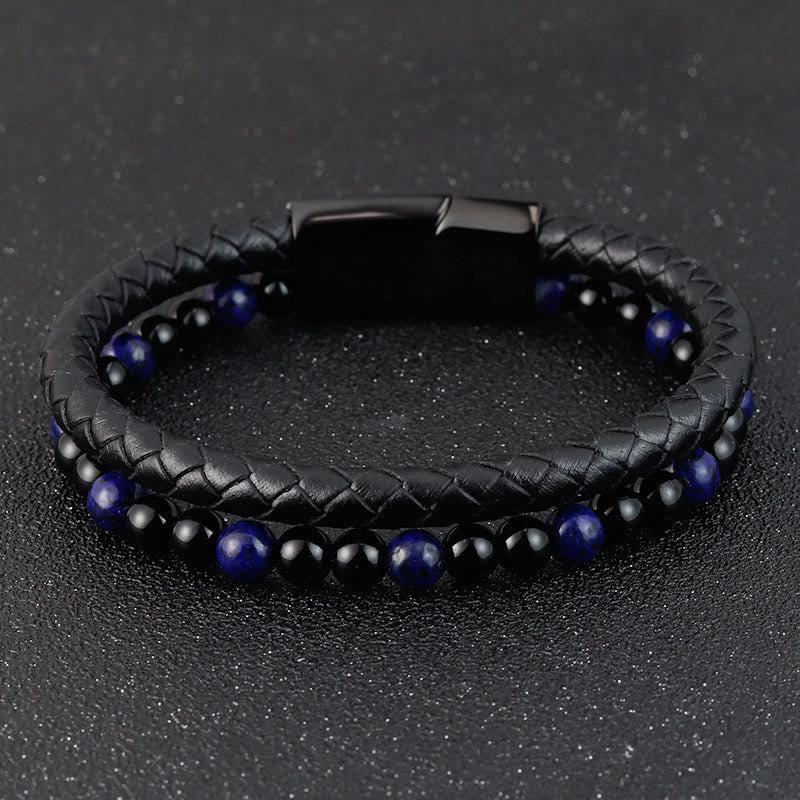 Buddha Stones Black Onyx Lazurite Lapis Lazuli Titanium Steel Positive Self Care Leather Bracelet - image 10