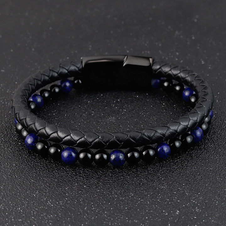 Buddha Stones Black Onyx Lazurite Lapis Lazuli Titanium Steel Positive Self Care Leather Bracelet - image 10