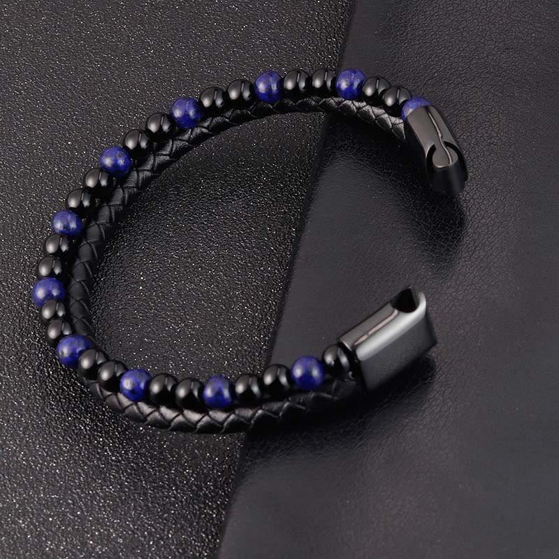 Buddha Stones Black Onyx Lazurite Lapis Lazuli Titanium Steel Positive Self Care Leather Bracelet - image 11