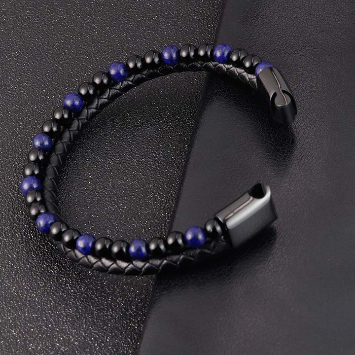 Buddha Stones Black Onyx Lazurite Lapis Lazuli Titanium Steel Positive Self Care Leather Bracelet - image 11
