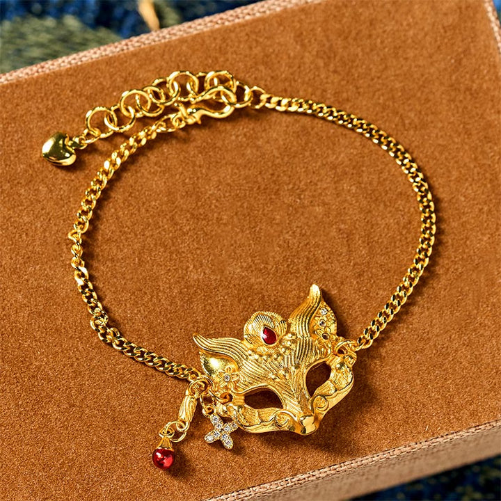 Buddha Stones 24k Gold Plated Brass Fox Mask Charm Tassel Chain Bracelet - image 1