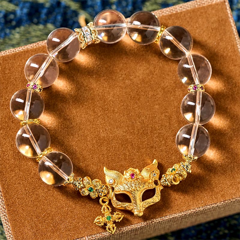 Buddha Stones Fox Cross Charm White Crystal Beaded Protection Bracelet - image 2