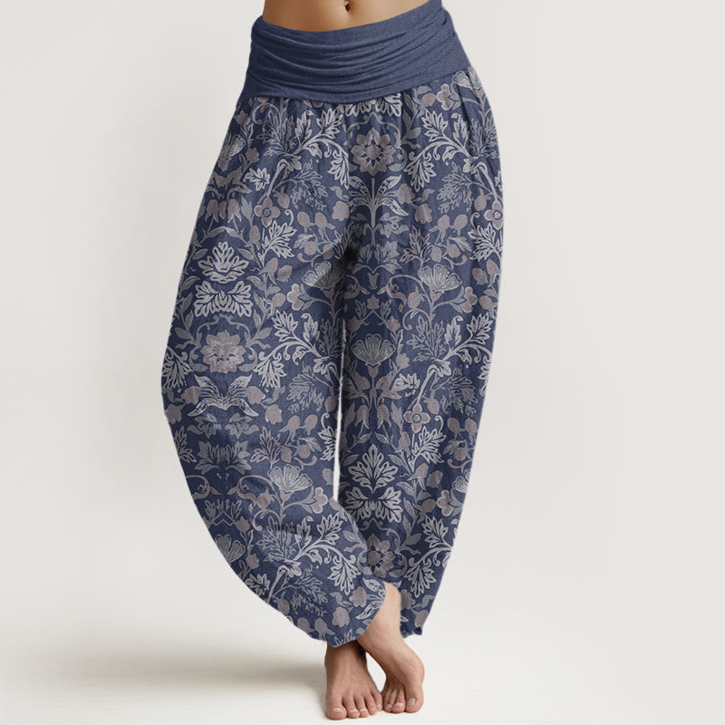 Buddha Stones Pure Cotton Complicated Flower Leaves Vine Pattern Women's Elastic Waist Harem Pants - SlateBlue - US16，UK/AU20，EU48 (3XL) - image 5