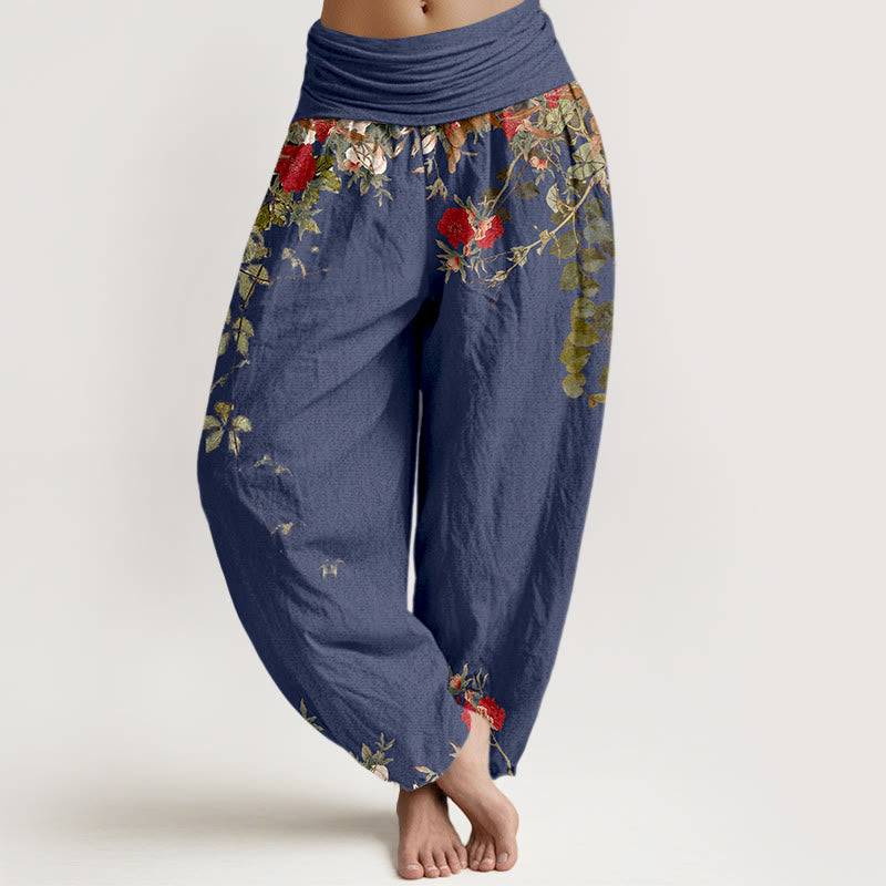 Buddha Stones Pure Cotton Colourful Flower Leaves Patterns Women's Elastic Waist Harem Pants - DarkSlateBlue - US16，UK/AU20，EU48 (3XL) - image 5