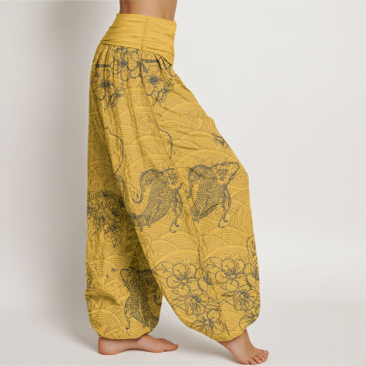 Buddha Stones Pure Cotton Exquisite Koi Fish Flowers Patterns Women's Elastic Waist Harem Pants - image 7