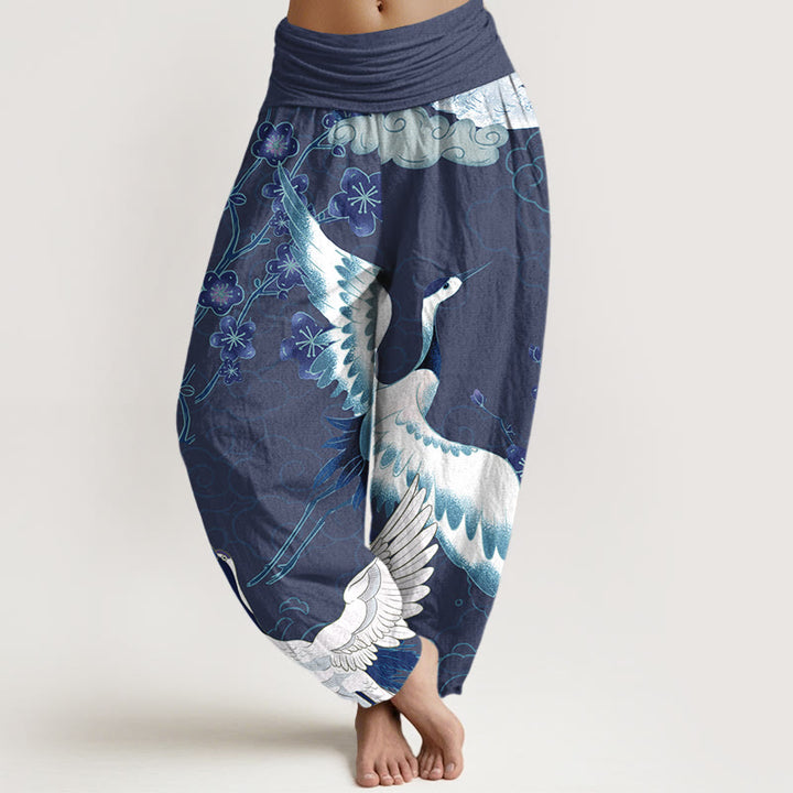 Buddha Stones Pure Cotton Cranes Flowers Clouds Patterns Women's Elastic Waist Harem Pants - DarkSlateBlue - US16，UK/AU20，EU48 (3XL) - image 0