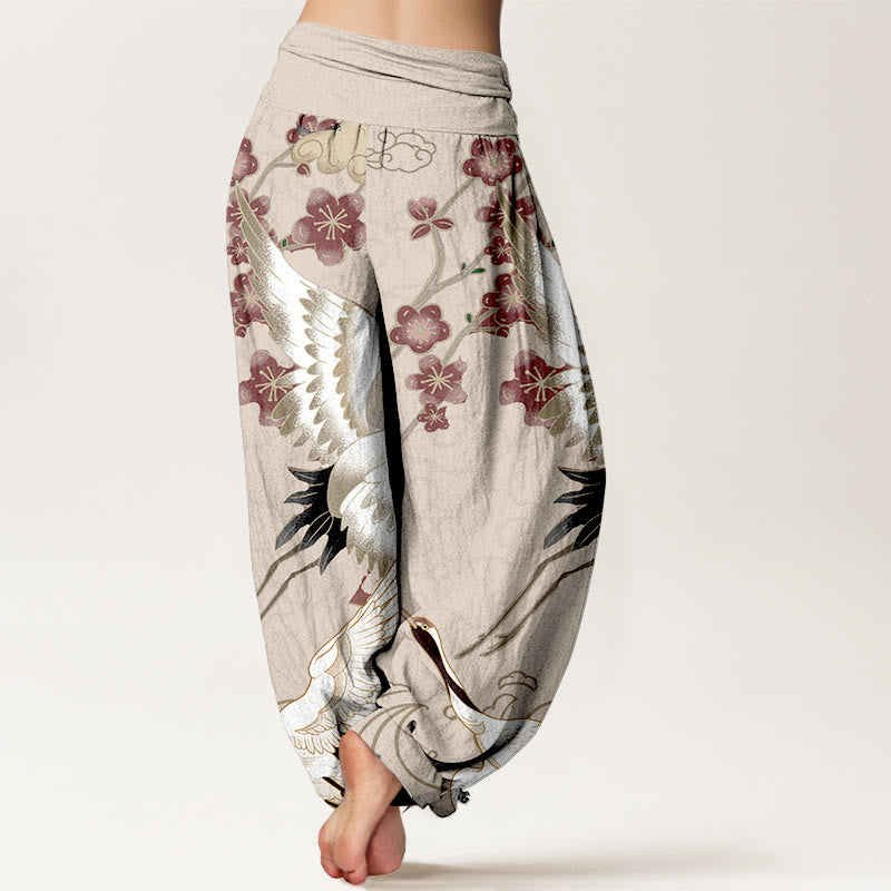 Buddha Stones Pure Cotton Cranes Flowers Clouds Patterns Women's Elastic Waist Harem Pants - image 6