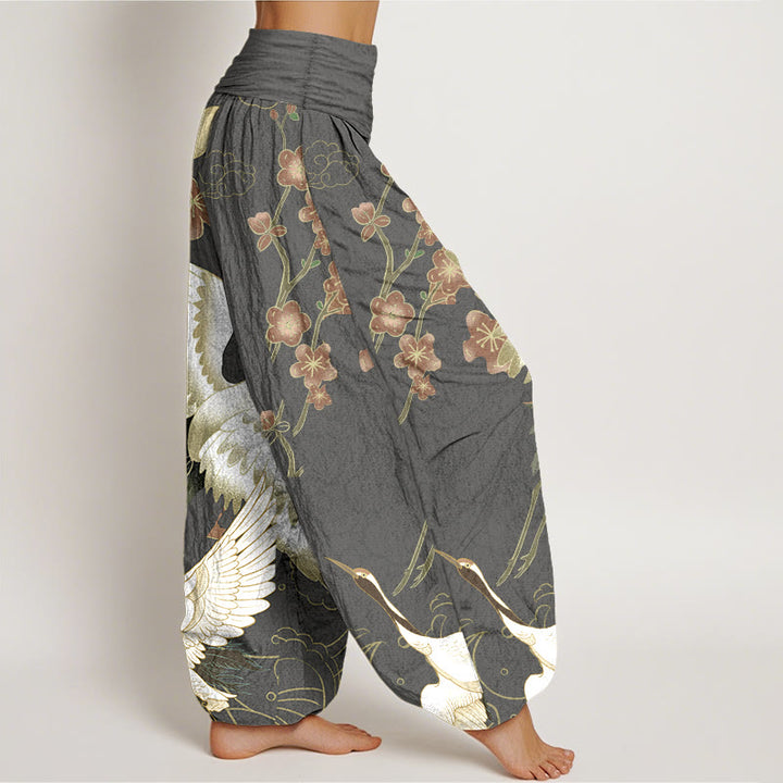 Buddha Stones Pure Cotton Cranes Flowers Clouds Patterns Women's Elastic Waist Harem Pants - image 10