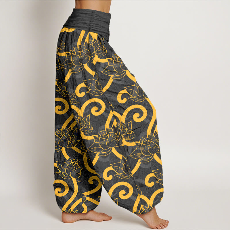 Buddha Stones Pure Cotton Elegant Gorgeous Lotus Scroll Pattern Women's Elastic Waist Harem Pants - image 7