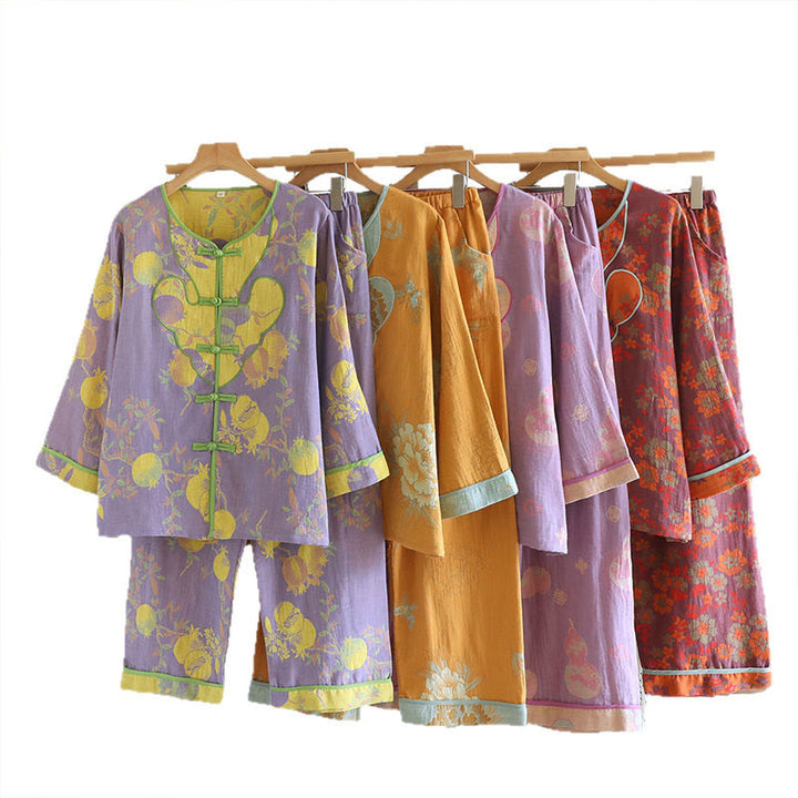 Buddha Stones 2pcs Frog-Button Printed Long Sleeve Shirt Pants With Pockets Cotton Set  - image 26