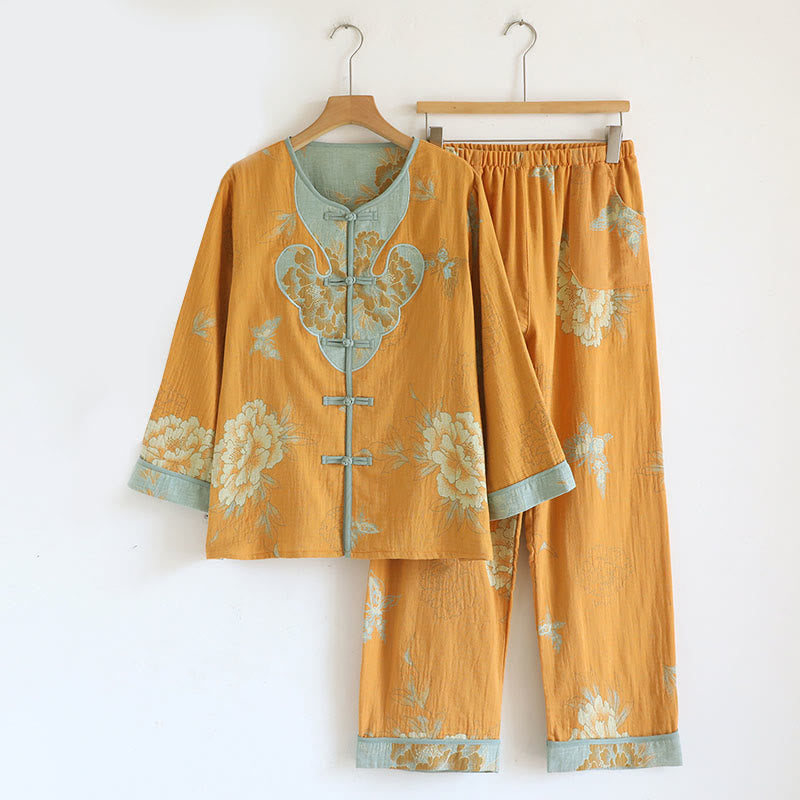 Buddha Stones 2pcs Frog-Button Printed Long Sleeve Shirt Pants With Pockets Cotton Set  - Orange - US8-10，UK/AU12-14，EU40-42 (XL) - image 0