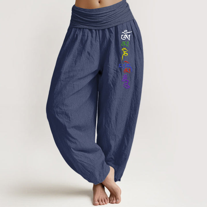 Buddha Stones Pure Cotton Om Symbol Tibetan Script Pattern Women's Elastic Waist Harem Pants - DarkSlateBlue - US16，UK/AU20，EU48 (3XL) - image 5