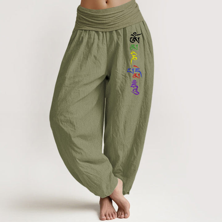 Buddha Stones Pure Cotton Om Symbol Tibetan Script Pattern Women's Elastic Waist Harem Pants - OliveDrab - US16，UK/AU20，EU48 (3XL) - image 14