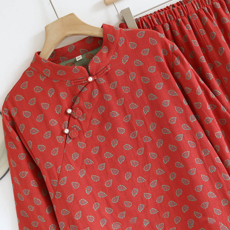 Buddha Stones 2pcs Colorful Floral Long Sleeve Frog-Button Shirt Pants With Pockets Pure Cotton Set  - image 8