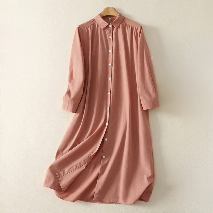 Buddha Stones Fall Solid Color Lapel Buttons Long Sleeve Cotton Midi Dress With Pockets - LightSalmon - US12，UK/AU16，EU44 (2XL) - image 1