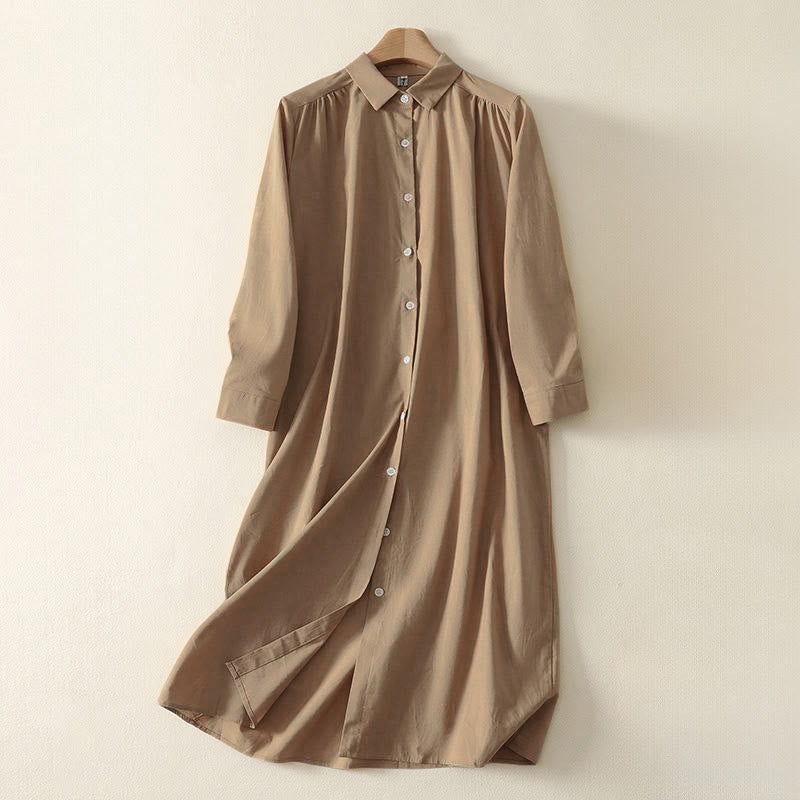 Buddha Stones Fall Solid Color Lapel Buttons Long Sleeve Cotton Midi Dress With Pockets - Tan - US12，UK/AU16，EU44 (2XL) - image 11