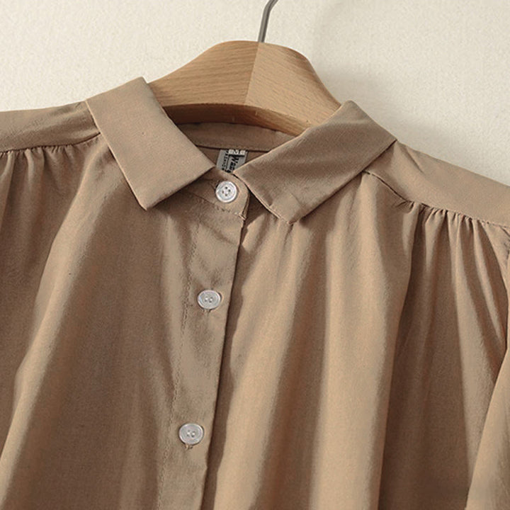 Buddha Stones Fall Solid Color Lapel Buttons Long Sleeve Cotton Midi Dress With Pockets - image 12