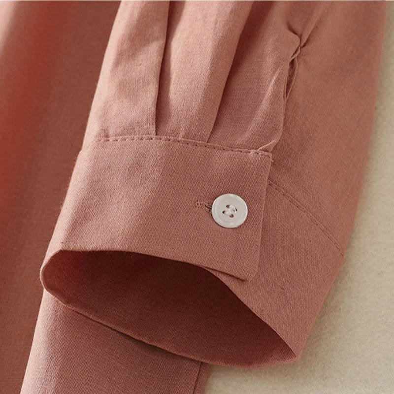 Buddha Stones Fall Solid Color Lapel Buttons Long Sleeve Cotton Midi Dress With Pockets - image 7