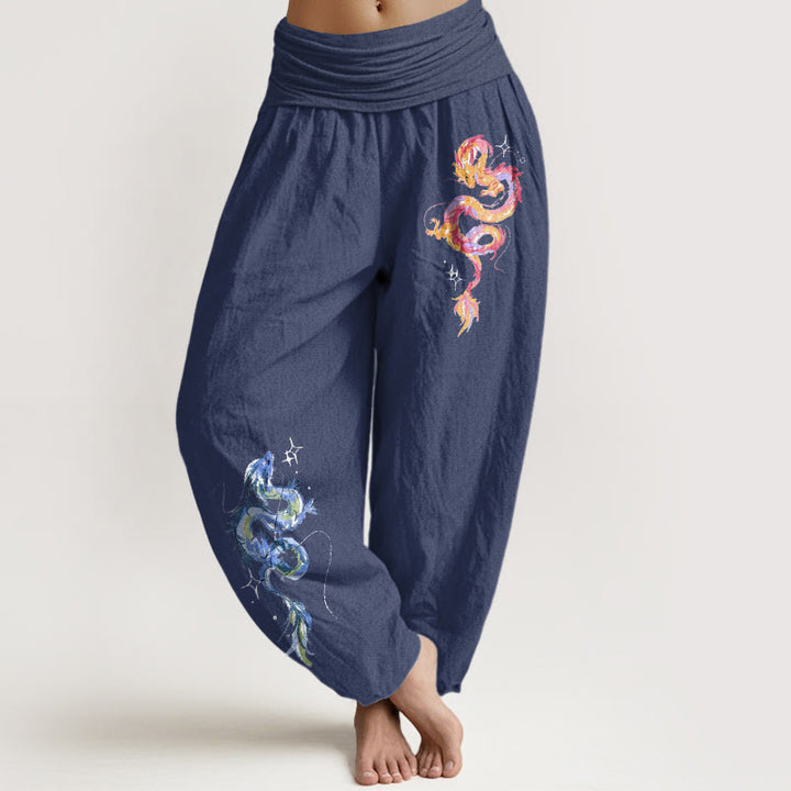 Buddha Stones Pure Cotton Striking Dragon Pattern Women's Elastic Waist Harem Pants - DarkSlateBlue - US16，UK/AU20，EU48 (3XL) - image 5