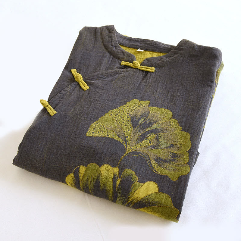 Buddha Stones Jacquard Flowers Pattern Frog-Button Stand Collar Long Sleeve Cotton Midi Dress - image 12