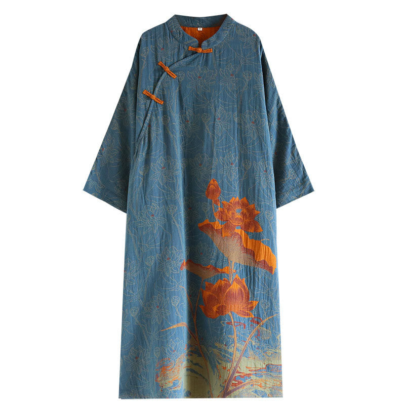 Buddha Stones Jacquard Flowers Pattern Frog-Button Stand Collar Long Sleeve Cotton Midi Dress - image 10