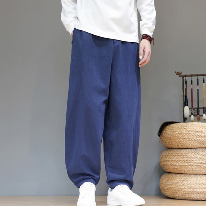 Buddha Stones Fall Sports Men's Pure Color Button Design Cotton Pants With Pockets - image 4