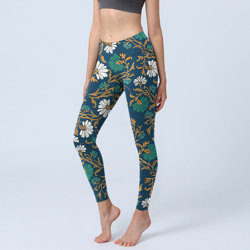 Buddha Stones Retro Pastoral Style Flowers Vines Pattern Print Gym Leggings Women's Yoga Pants - Navy - US18，UK/AU22，EU50 (4XL) - image 0
