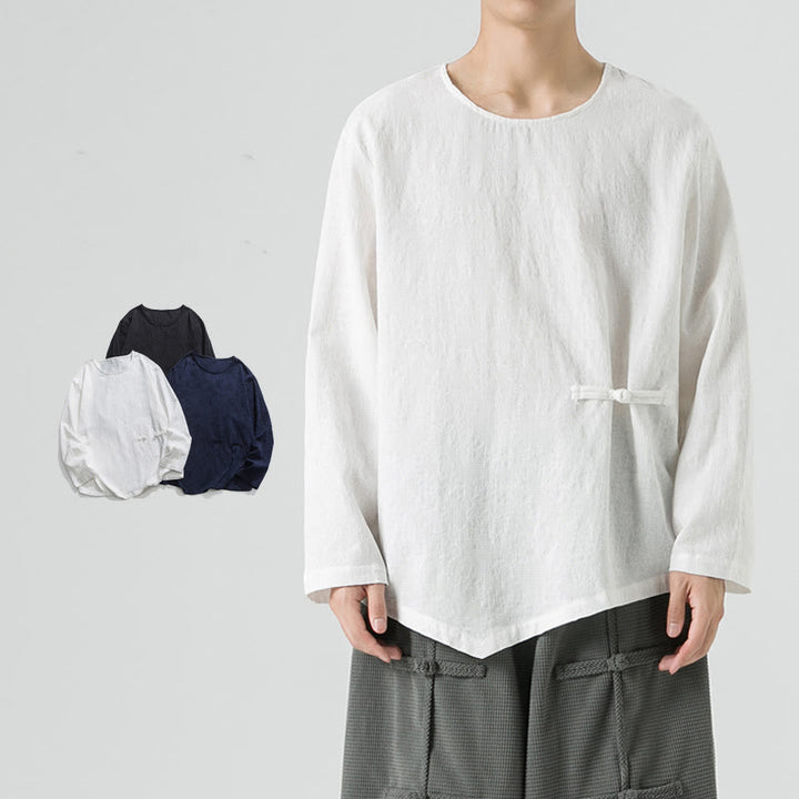 Buddha Stones Men's Chinese Frog-Button Plain Design Cotton Long Sleeve T-Shirt Zen Clothing - White - US/UK/AU46，EU56 (5XL) - image 9