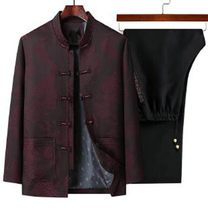 Buddha Stones 2Pcs Commute Tang Suit Frog-Button Men's Long Sleeve Shirt Pants Cotton Clothing Set - DarkRed - US/UK/AU44，EU54 (4XL) - image 4