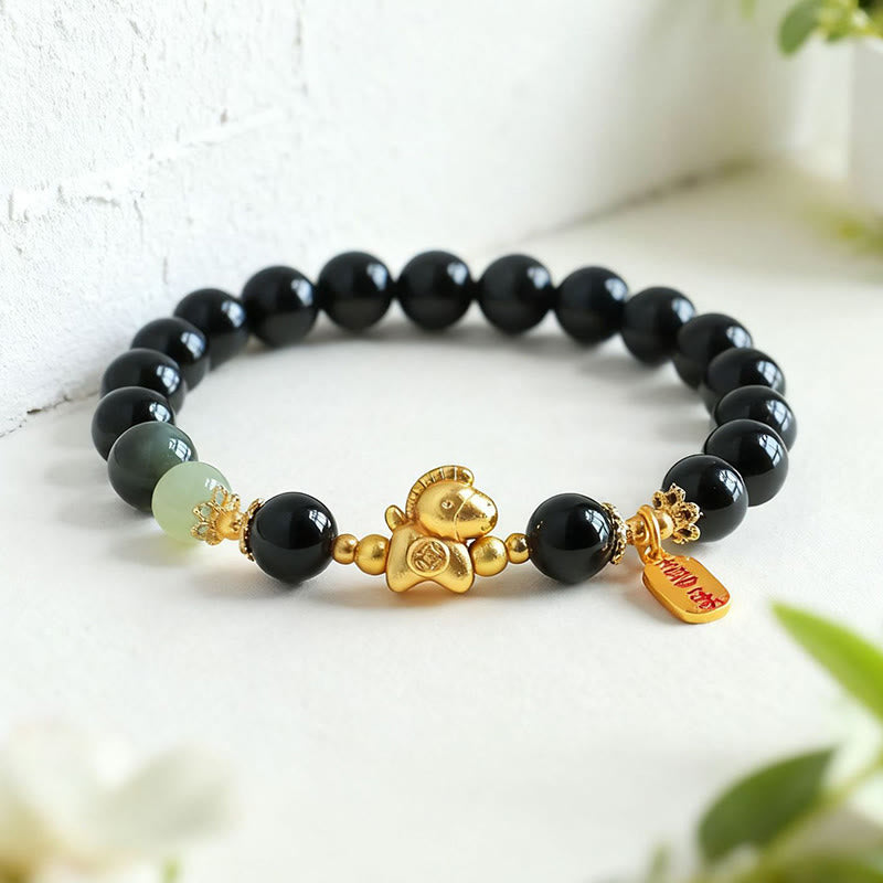 Buddha Stones Year Of The Horse Hetian Jade Black Obsidian Red Agate Strength Bracelet - image 2