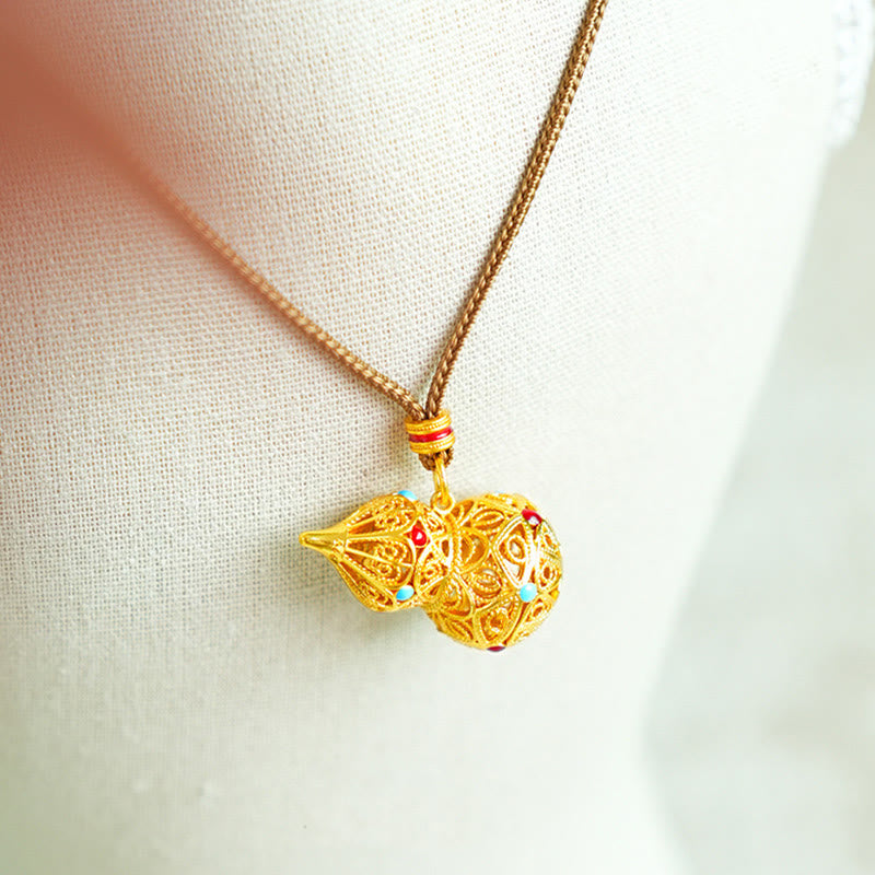 Buddha Stones Hollow Gourd Design 24k Gold Plated Brass Rope Necklace Pendant - image 3