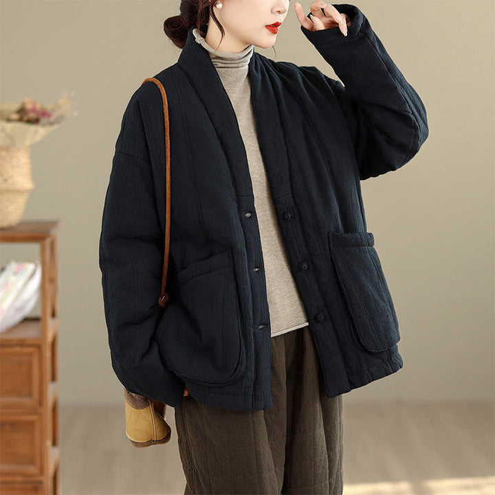 Buddha Stones Winter Solid Long Sleeve Cotton Women's Thermal Jacket With Pockets - Black - US12，UK/AU16，EU44 (2XL) - image 16