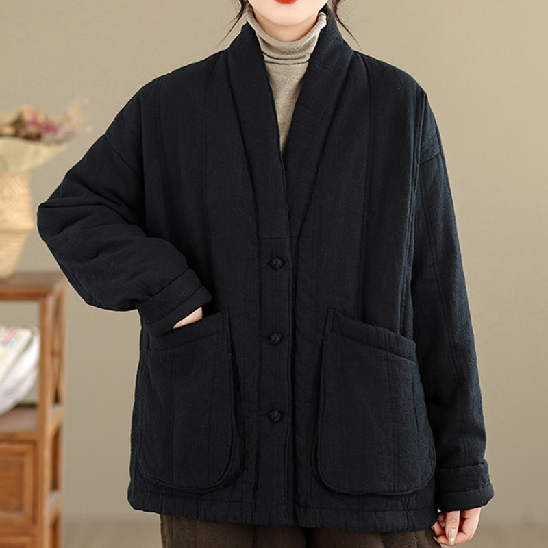 Buddha Stones Winter Solid Long Sleeve Cotton Women's Thermal Jacket With Pockets - image 18