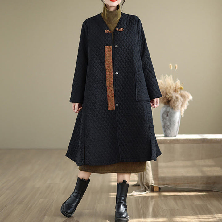 Buddha Stones Diamond Pattern Mid-length Women's Cotton Coat With Pockets - Black - US14，UK/AU18，EU46 (2XL) - image 0