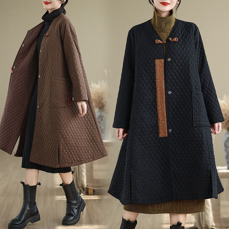 Buddha Stones Diamond Pattern Mid-length Women's Cotton Coat With Pockets - image 8