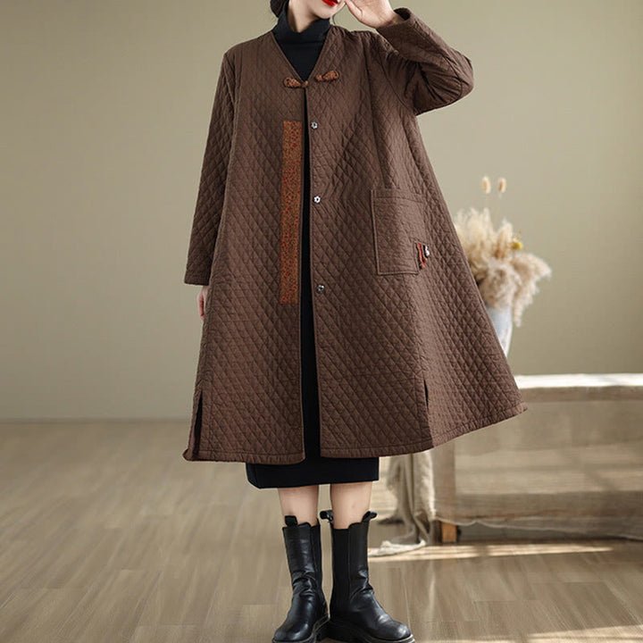 Buddha Stones Diamond Pattern Mid-length Women's Cotton Coat With Pockets - image 10